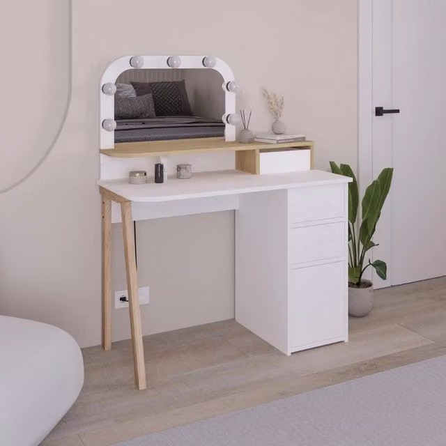 Toeletta da trucco Avien bianco e rovere con specchio e luci LED 105x51.5x131H