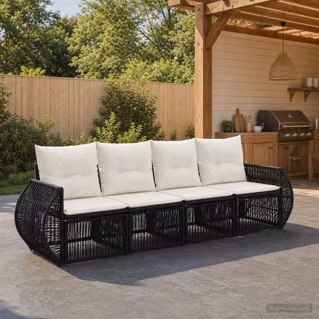Set Divano da Giardino 4 pz Nero e Bianco Crema polyrattan 3435340