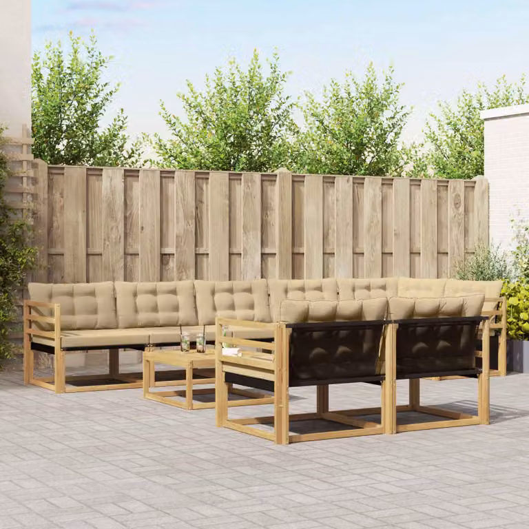 Set di divani da esterno vidaXL a forma di U composto da 9 pezzi in legno di acacia con cuscini, tavolino da caffè e tessuto textilene, colori bianco, beige e marrone