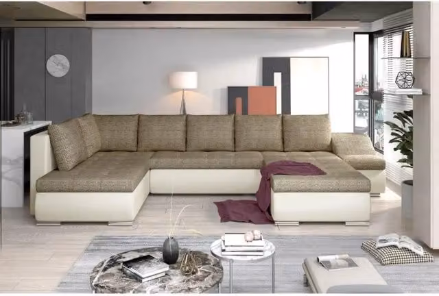 Divano panoramico GYOVANI MEUBLORAMA beige e bianco con angolo destro, modello a U convertibile in letto con contenitore e cuscini decorativi, L: 351 cm, P: 190 cm, H: 76 cm – 1