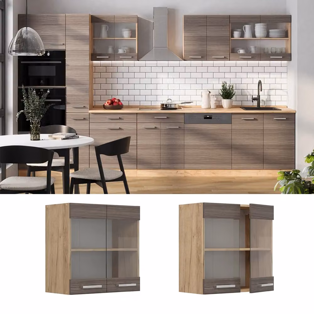Pensile da cucina Vicco R-Line con ante in vetro, Grigio nobile e Rovere dorato, L: 60 cm – 2