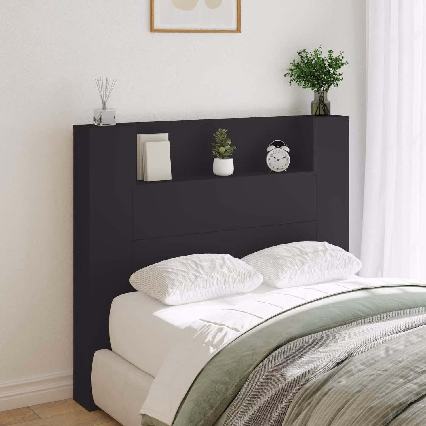 Testiera con stoccaggio vidaXL in legno ingegnerizzato nero con illuminazione LED e porta USB, L 120 x H 103,5 x P 16,5 cm