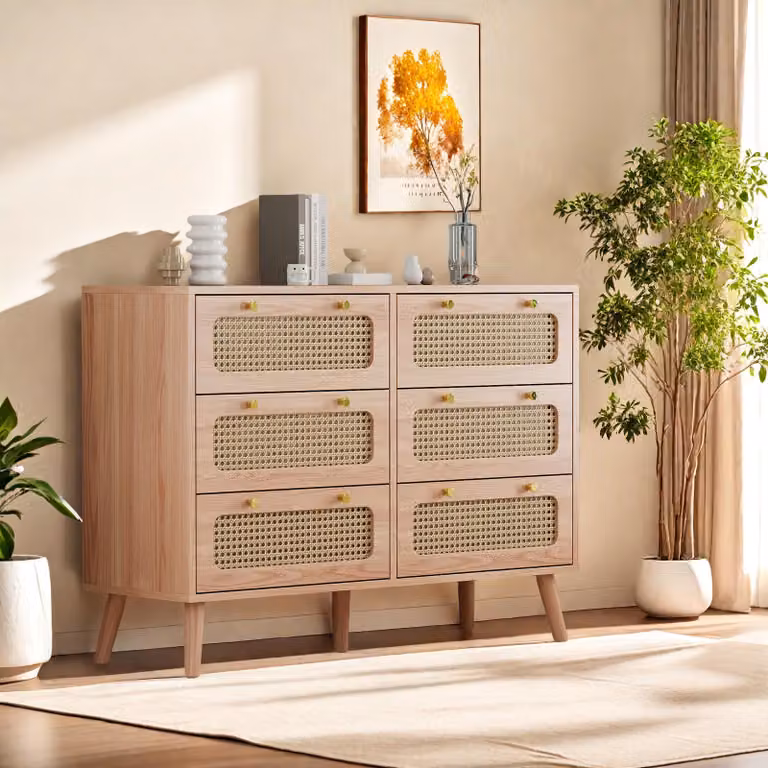 Cassettiera buffet Fortuna Lai con 6 cassetti, gambe in legno massiccio, design moderno, mobili da camera 100x34x73 cm, marrone