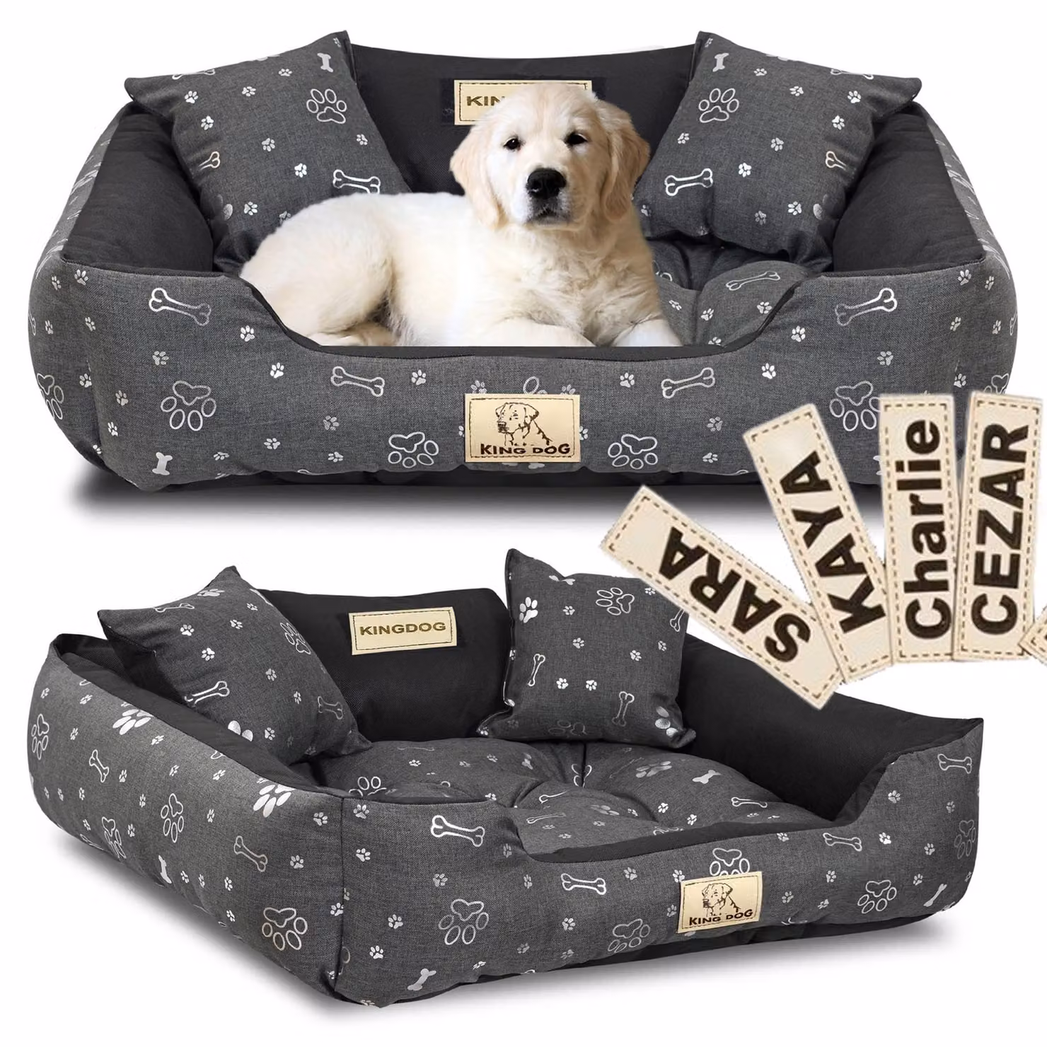 Letto per cani KINGDOG 115x95 cm personalizzato impermeabile con ossa d'argento