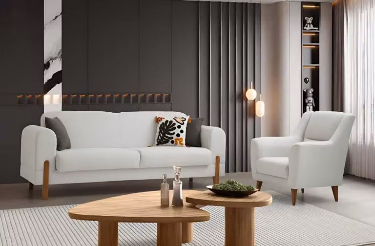 Weiße Wohnzimmer Couchgarnitur Polster 3-Sitzer Textilsessel 2tlg