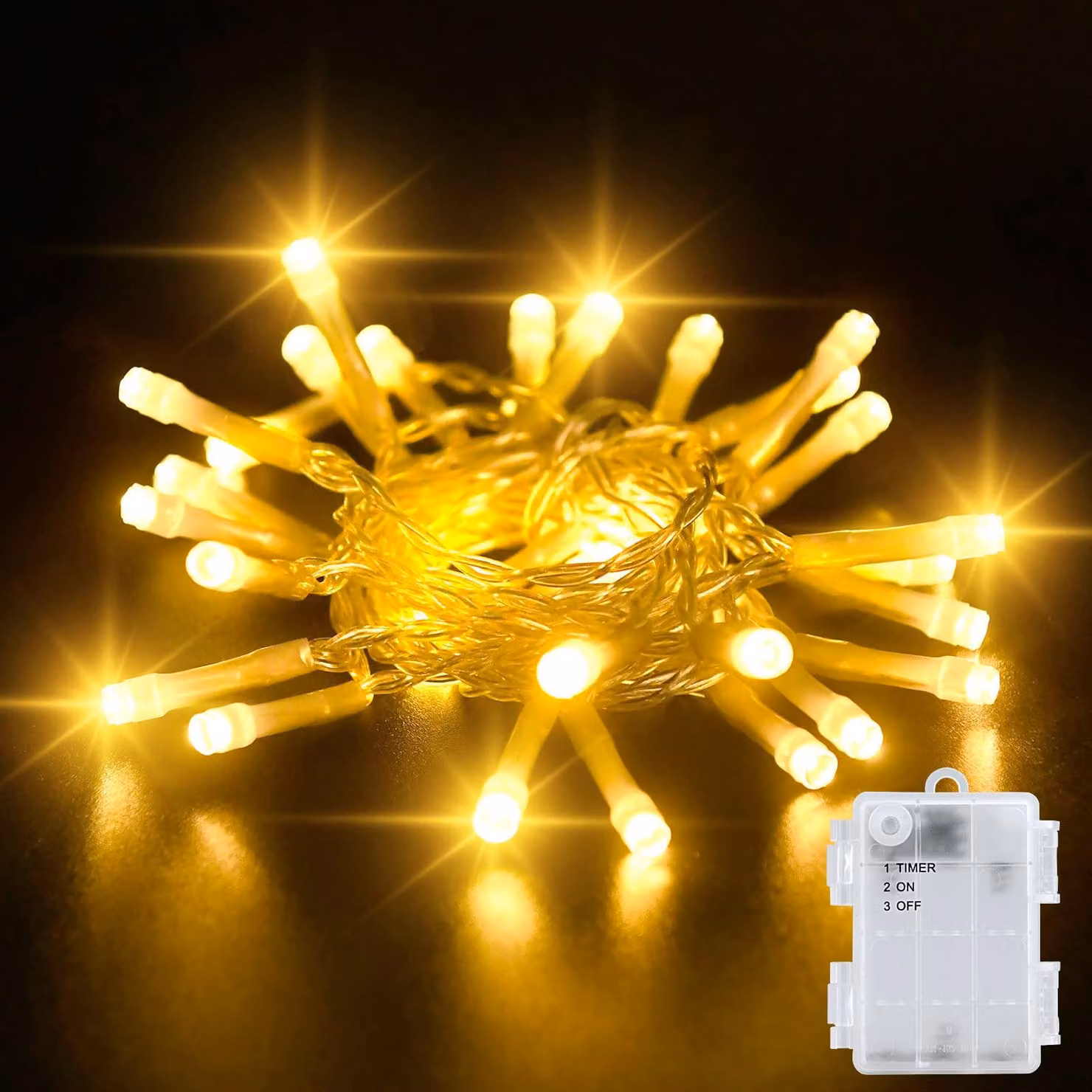 Catena luminosa da 3 metri, luce bianco caldo, con timer, 30 LED, grado di protezione IP65, alimentazione a batteria