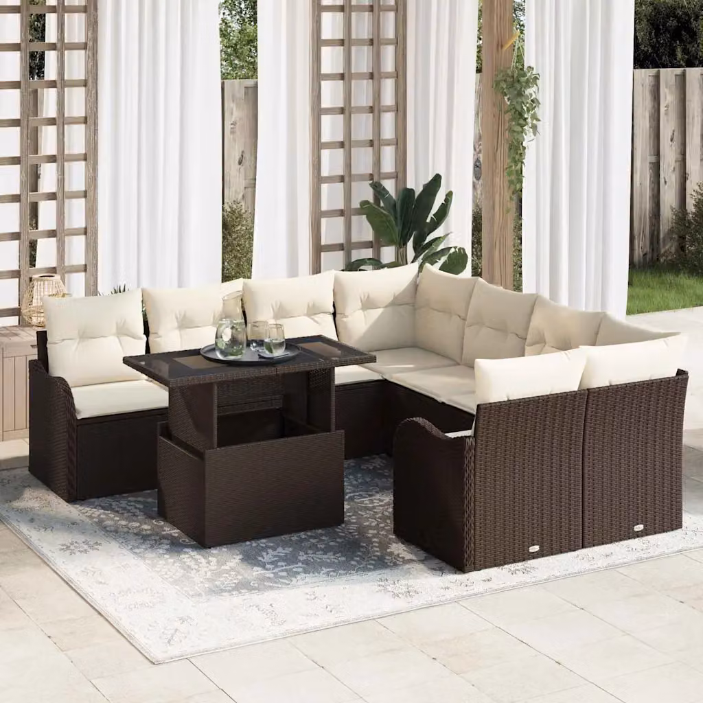 Set Divano da Giardino vidaXL 9 Pezzi in Polyrattan Marrone con Tavolo in Vetro e Struttura in Metallo – 1