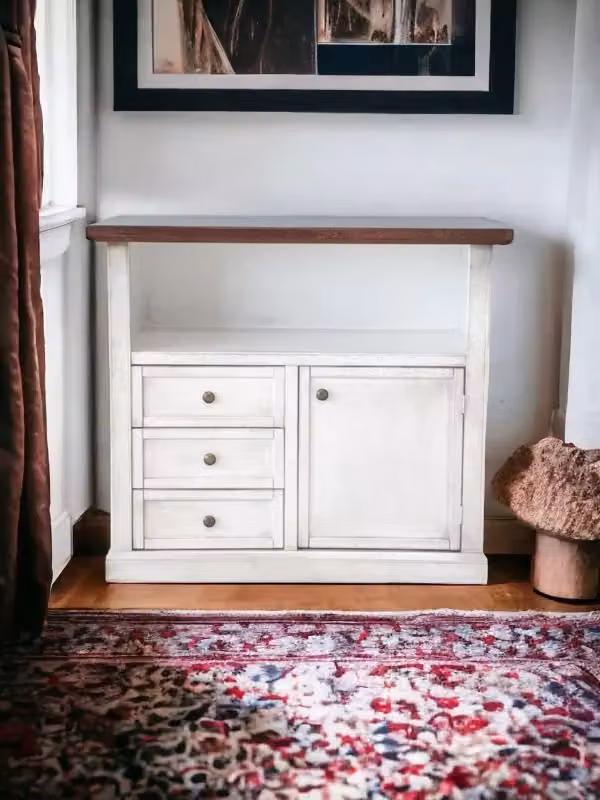 Porta TV Mobili 2G in legno di pino stile shabby chic bianco e noce con 1 anta e 3 cassetti L: 84 cm, P: 40 cm, H: 75 cm – 2