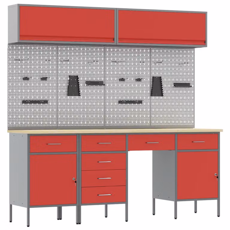 Set di mobili da lavoro vidaXL con cassetto bloccabile, 10 pezzi, Rosso