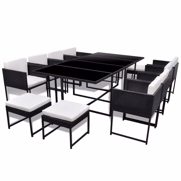 Set da Pranzo da Giardino 13 pz con Cuscini in Polyrattan Nero