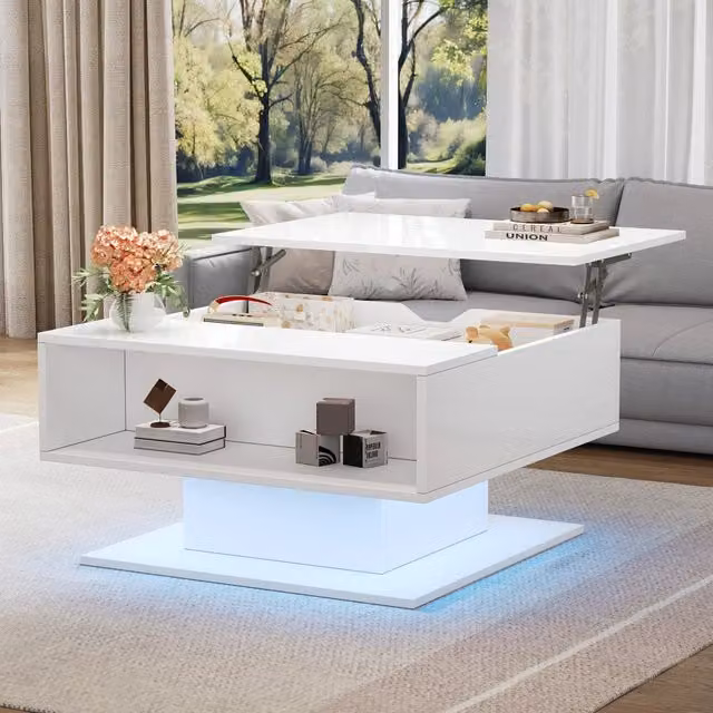 Tavolino da Salotto Bianco 80x75x40 cm con Alzata Idraulica, Design Geometrico Lucido, Spazio Contenitivo Semiaperto