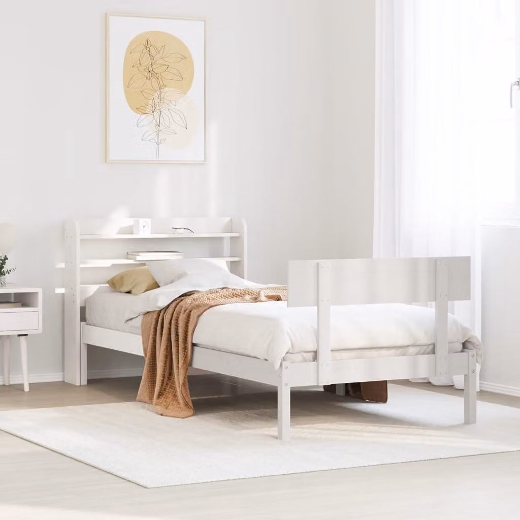 vidaXL Letto per Adulti in Legno Massello di Pino Bianco con Ripiani Laterali L/P/H: 90 x 190 cm