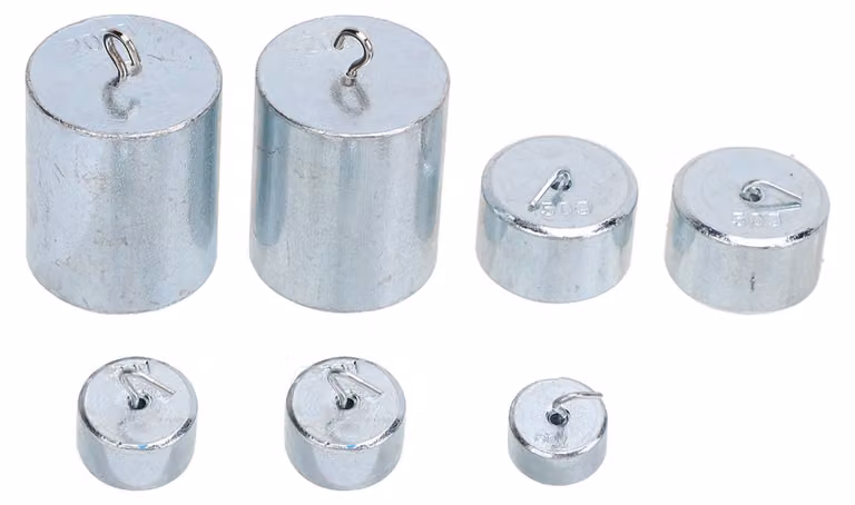 Set di pesi per ganci, composto da 7 elementi: 10 g, 20 g, 50 g, 200 g. Ganci in acciaio cromato per laboratori scolastici