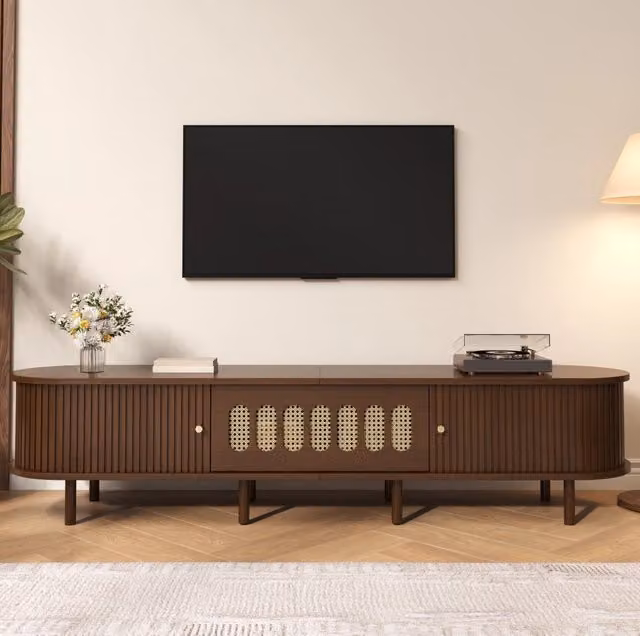 Mobile TV MODFU in MDF colore noce con dettagli effetto rattan e 5 vani chiusi L/P/H: 180 x 40 x 40 cm
