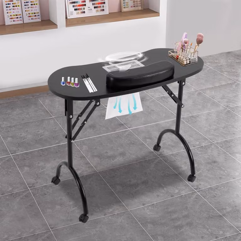 Tavolo per manicure pieghevole - Nero, mobile autonomo per salone - Ventilatore da 5,5 W - Realizzato in MDF e tubi di ferro - Adatto per saloni di bellezza e uso domestico