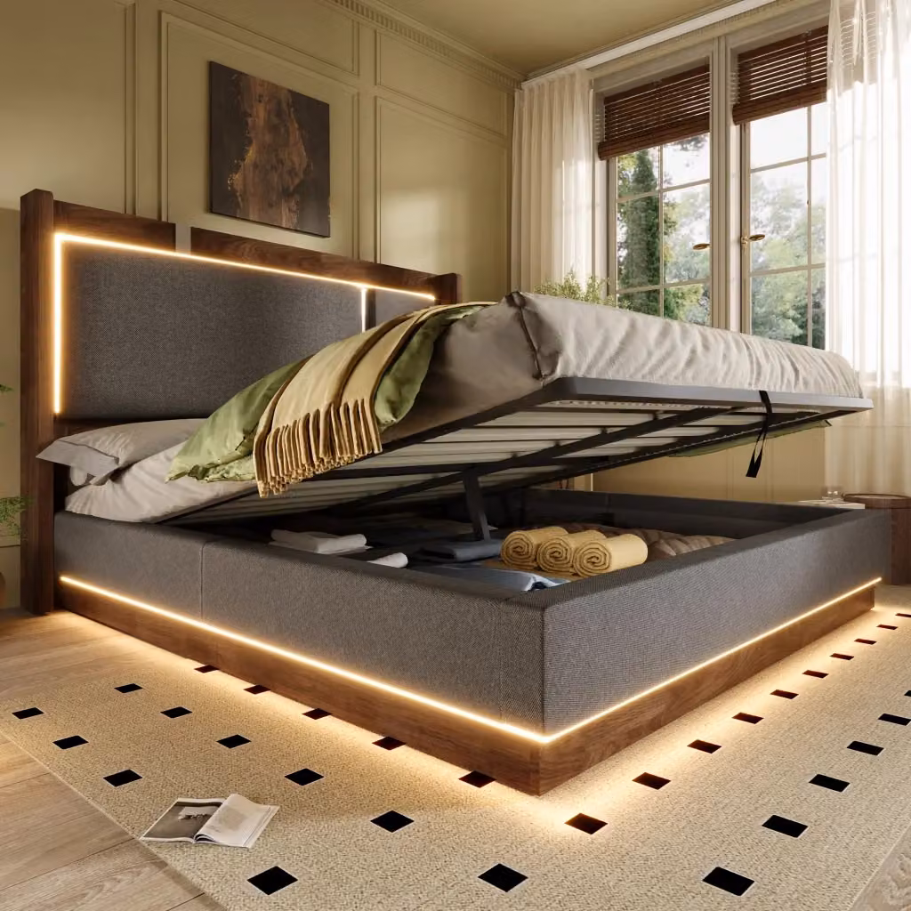 Letto Matrimoniale REDOM con Base a Alzata, Illuminazione LED e Rivestimento in Tessuto Grigio e Noce, L/P/H: 180 x 200 x 110 cm – 2