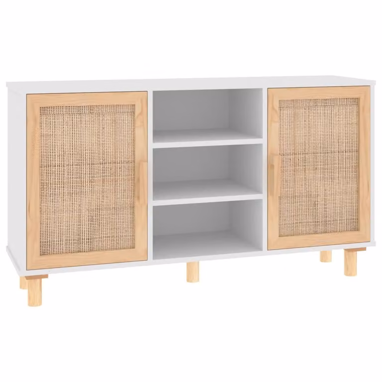 Credenza Bianca 105x30x60cm Legno Massello Pino Rattan Naturale