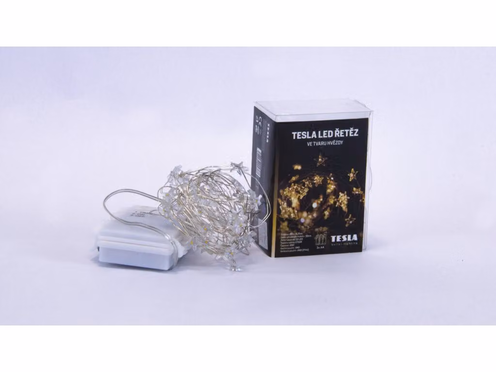 Tesla - catena decorativa nano Star 1,5cm, 50LED, 2700K, 5m +30cm, 3x batterie AA, timer, IP44