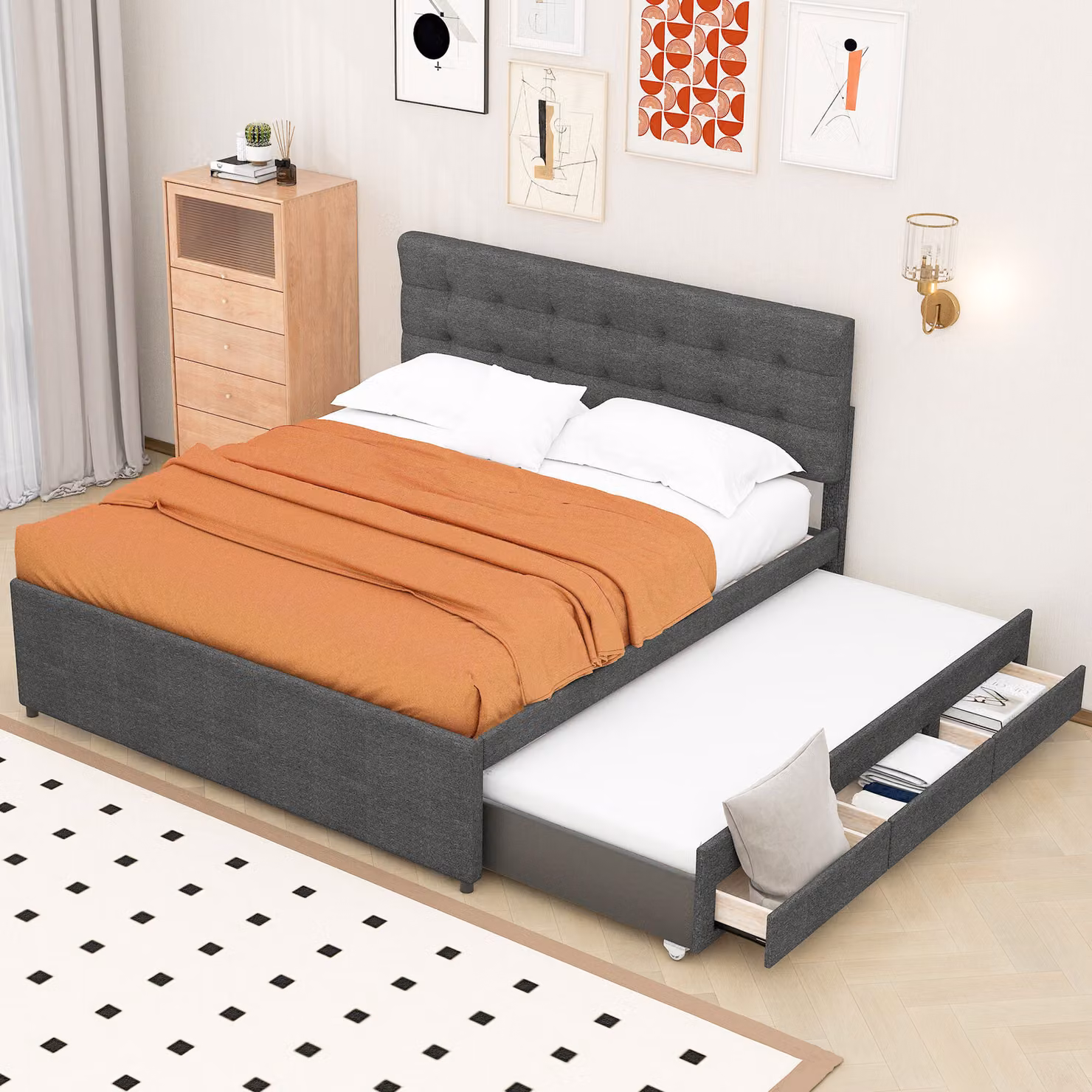 Letto imbottito Merax 140x200cm con testata regolabile in altezza, 3 cassetti con sottopiano 90x190cm, letto matrimoniale contenitore di biancheria, grigio