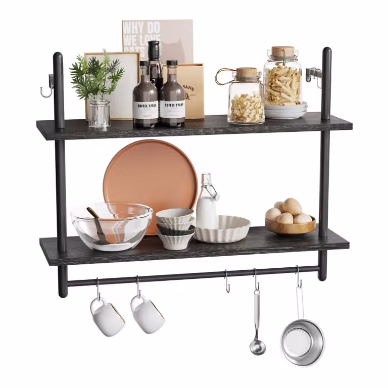 Scaffale a muro in stile industriale con ganci, 80x64 cm - Scaffale da cucina sospeso - Scaffale decorativo in legno - Scaffale a muro Per soggiorno, bagno, ufficio