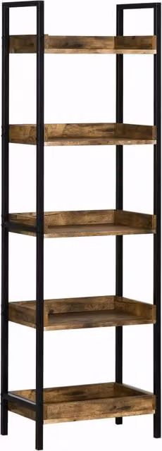 Libreria Industriale Minimal con 5 Ripiani in Legno e Metallo, Marrone Rustico e Nero, L 48 cm x P 30 cm x H 155 cm