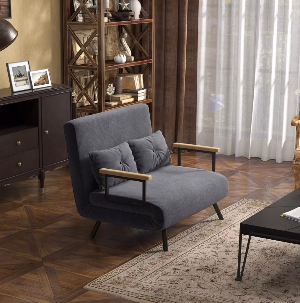 Poltrona letto singola reclinabile in tessuto grigio con struttura in metallo e legno per relax e risparmio di spazio – 2