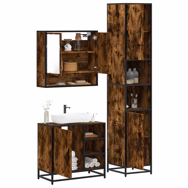 Set di mobili da bagno industrial vidaXL in legno e metallo marrone composto da mobile lavabo, armadietto con specchio e mobile laterale
