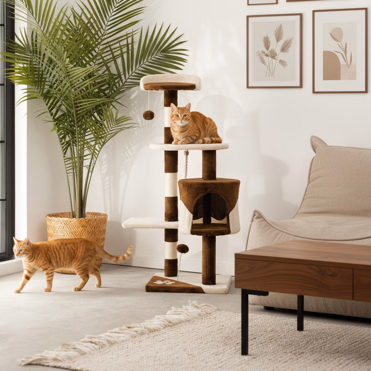 belviona tiragraffi per gatti, tiragraffi compatto da 112 cm con palline, sisal e grotta di coccole, marrone/beige