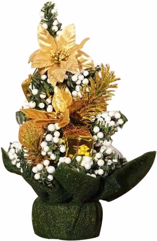 Set con mini albero di Natale da 20 cm con palline natalizie colorate e fiori - Oro
