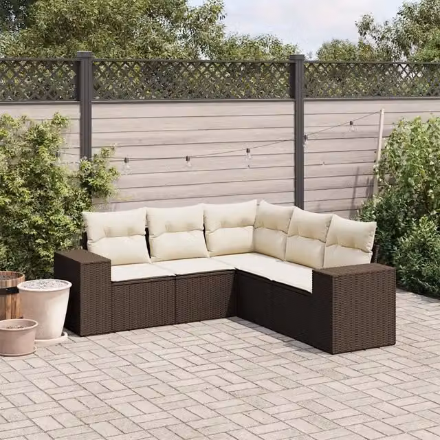 Set Divano da Giardino 5 pz con Cuscini Marrone in Polyrattan 3222552