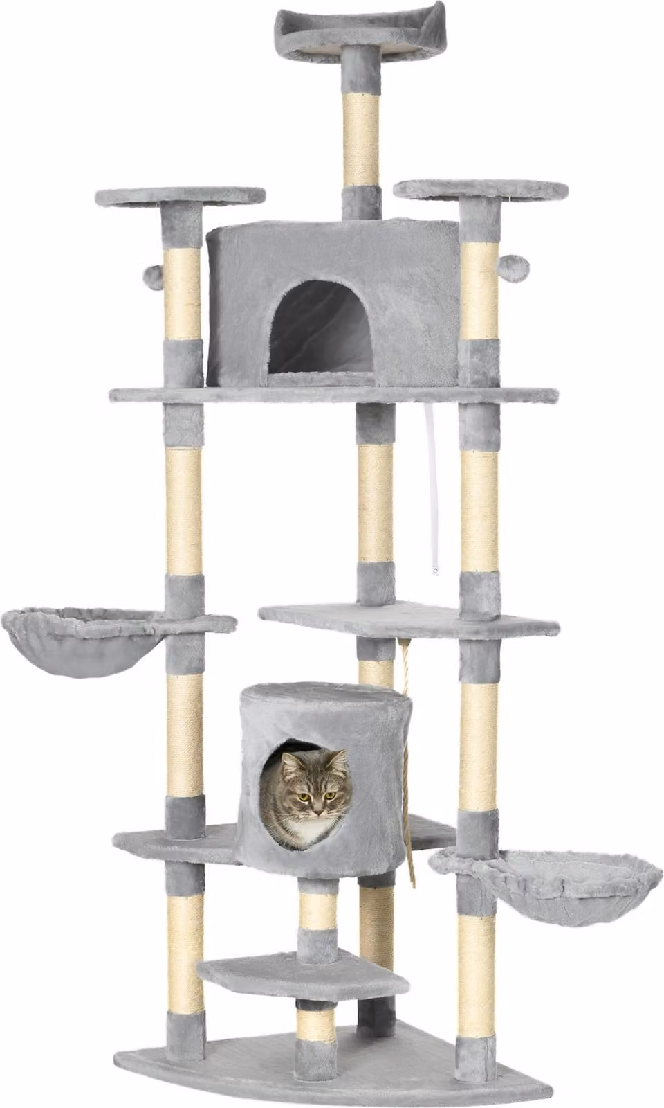 Moonbite Albero per gatti XXL, 200 cm di altezza, con 2 rifugi, 2 amache e 3 pali in sisal. Torre per gatti con piattaforme, adatta a gatti fino a 10 kg, realizzata in pannello di legno, colore grigio chiaro