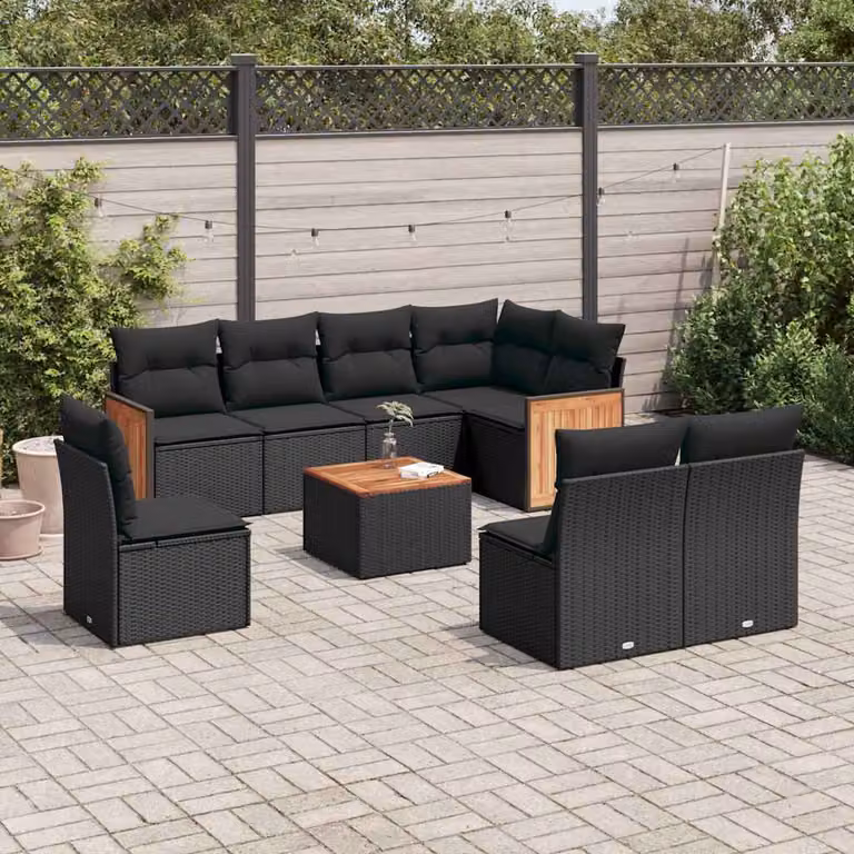 Set Divani da Giardino vidaXL 9 pz in Polyrattan Nero con Cuscini e Tavolino da Caffè