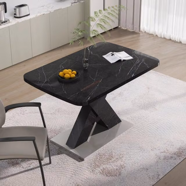 Tavolo da pranzo allungabile con piano in MDF effetto marmo nero e base in acciaio 120–160 × 80 × 76.5 cm