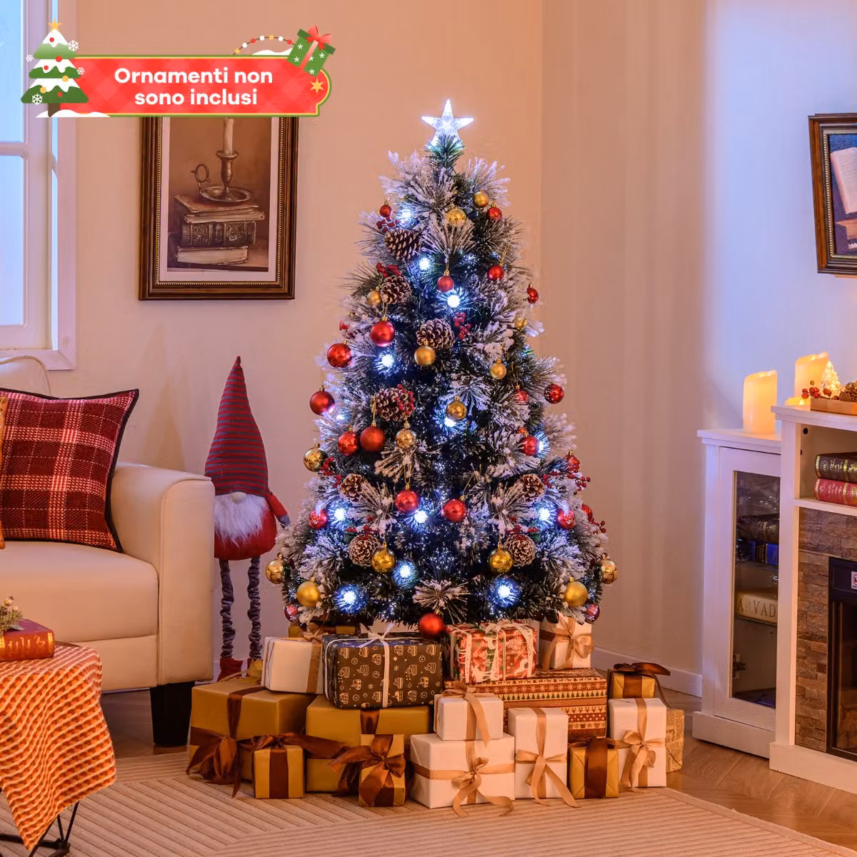 Albero di Natale floccato Costway con 49 luci LED, artificiale con 170 rami a effetto neve, Altezza: 150 cm