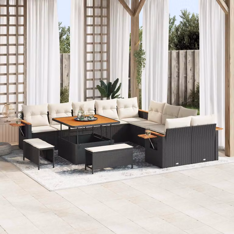 Set Divano da Giardino Moderno vidaXL in Polyrattan Nero con Cuscini e Tavolino da Esterno