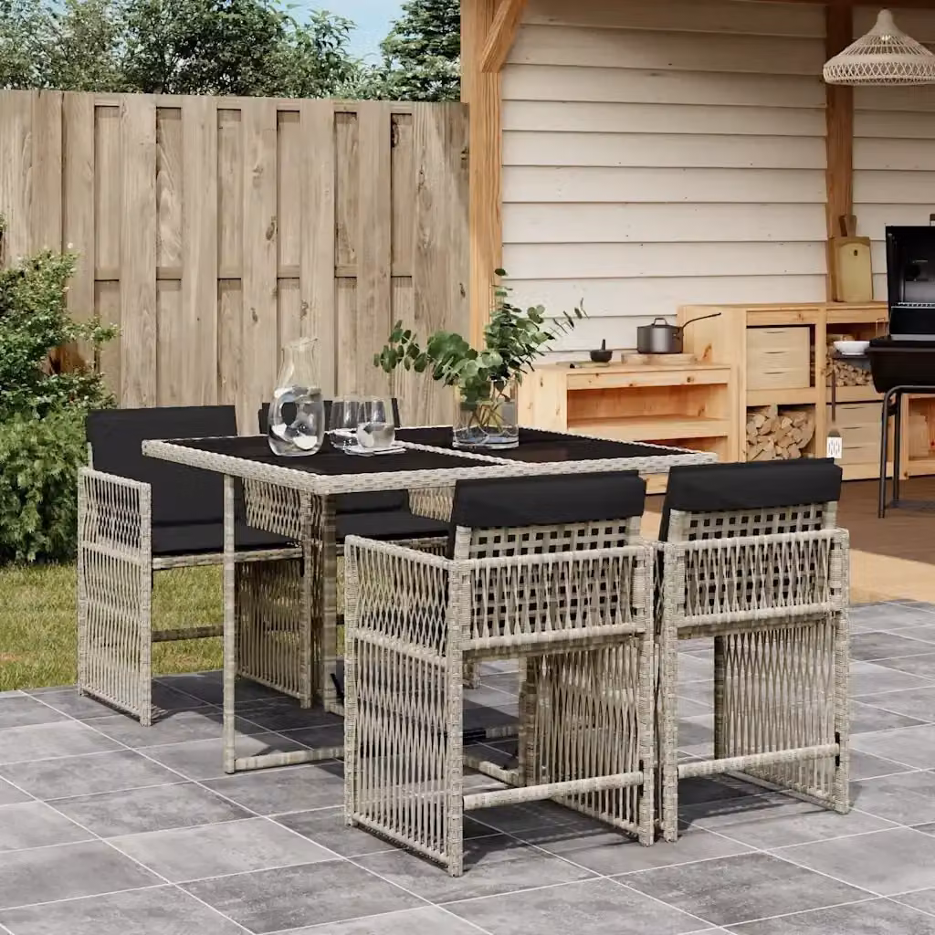 Set da pranzo da giardino 5 pezzi in polyrattan con tavolo rettangolare in vetro e cuscini grigio antracite – 2