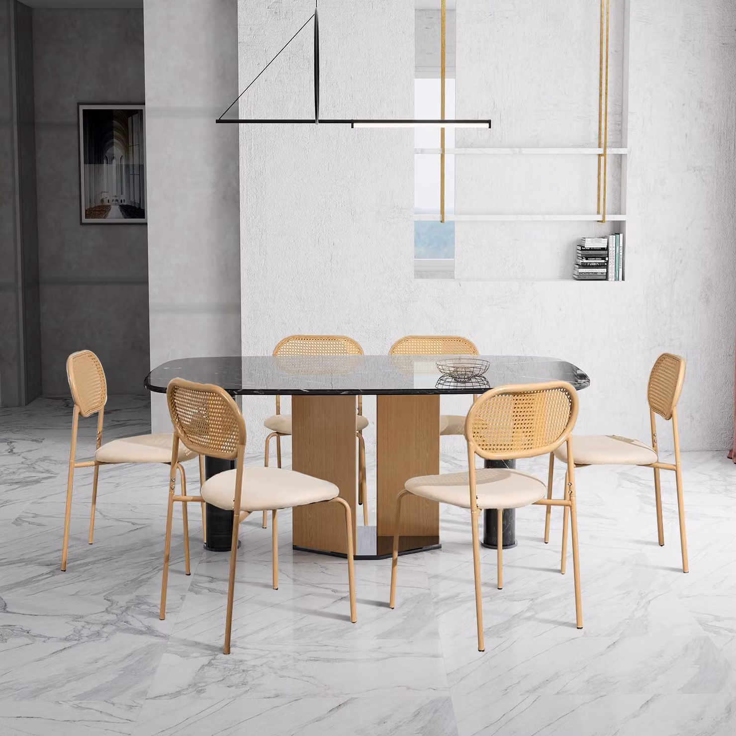 Set di 2 sedie da pranzo in rattan PE beige con seduta imbottita in PU, stile naturale e moderno