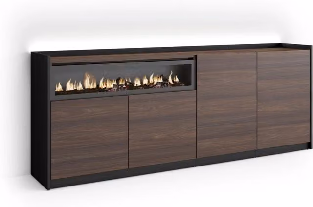 Credenza, Mobile, Cucina, 207x80x37 cm, 4 Porte, Camino elettrico, LED, Rovere scuro e Nero