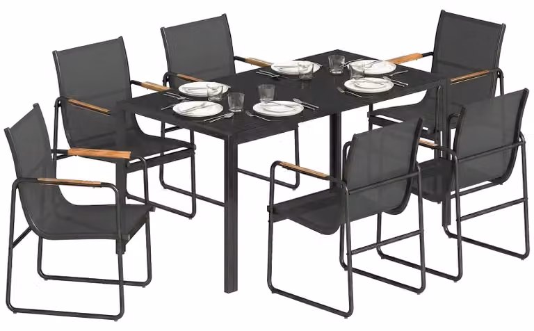 Set di mobili da giardino – Gruppo sedute con tavolino in vetro – 150 x 80 cm – 6 sedie traspiranti – Struttura in metallo – Rivestimento in polvere – Colore nero
