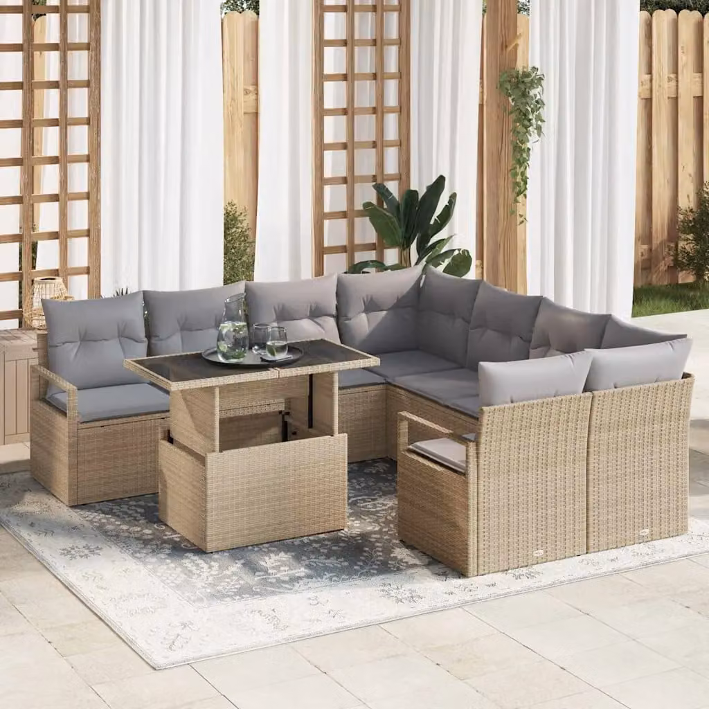Set Divano da Giardino vidaXL 9 Pezzi con Tavolino, Design Moderno a L, Colore Grigio e Beige, Struttura in Acciaio Verniciato a Polvere e Cuscini Inclusi