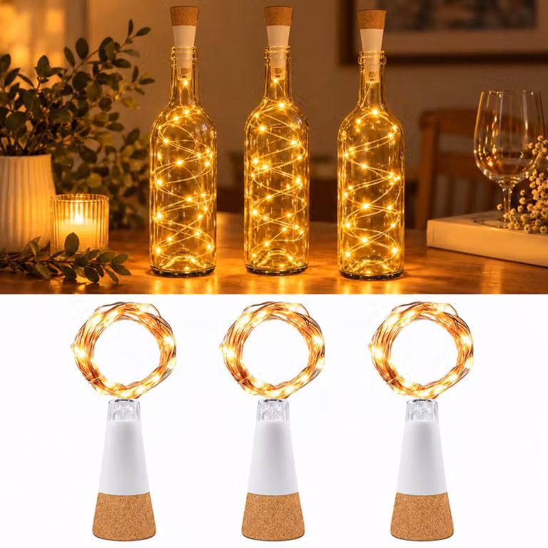 Catena luminosa a LED con tappi di sughero, ricaricabile tramite USB, 20 luci, set da 3
