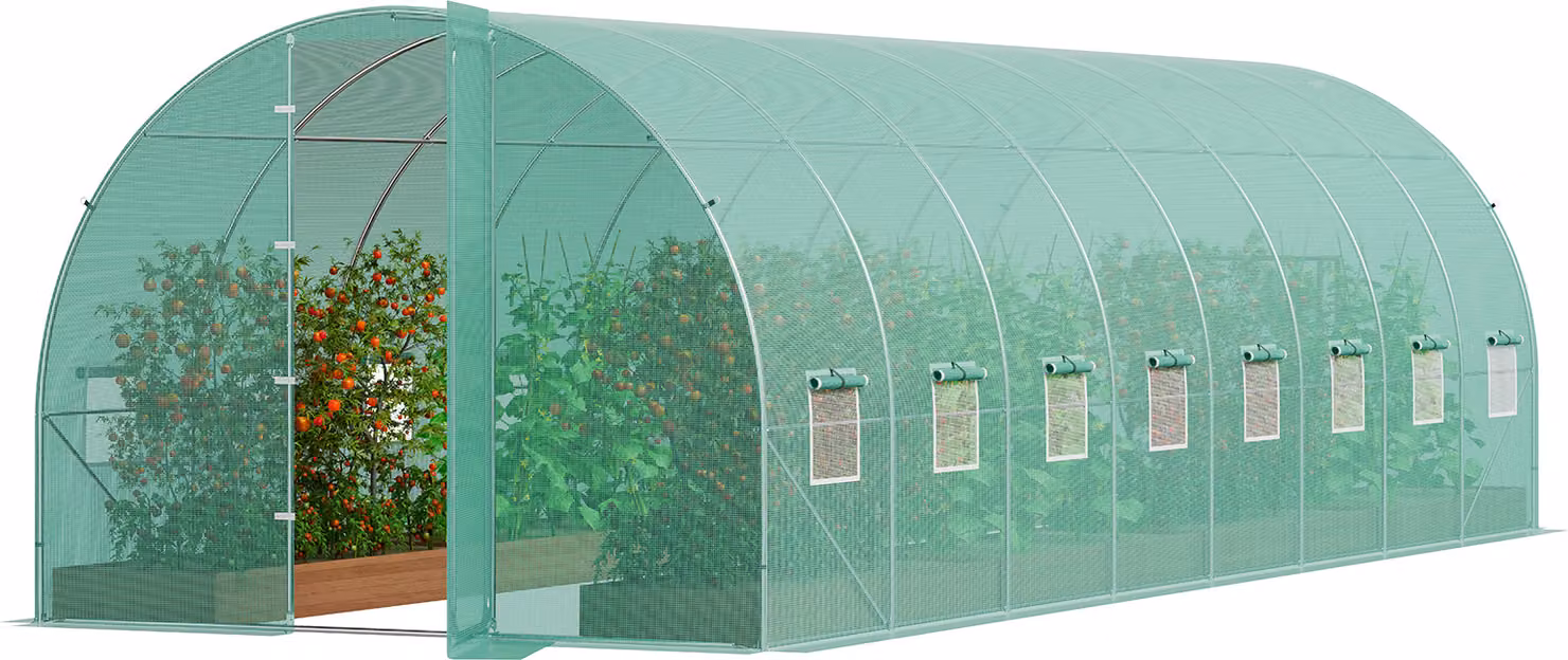SucceBuy serra a tunnel walk-in, 27,4 x 9,5 x 7,4 piedi, serra in lamina con telaio zincato, copertura in PE verde, porta a battente e 16 finestre, ideale per il giardino