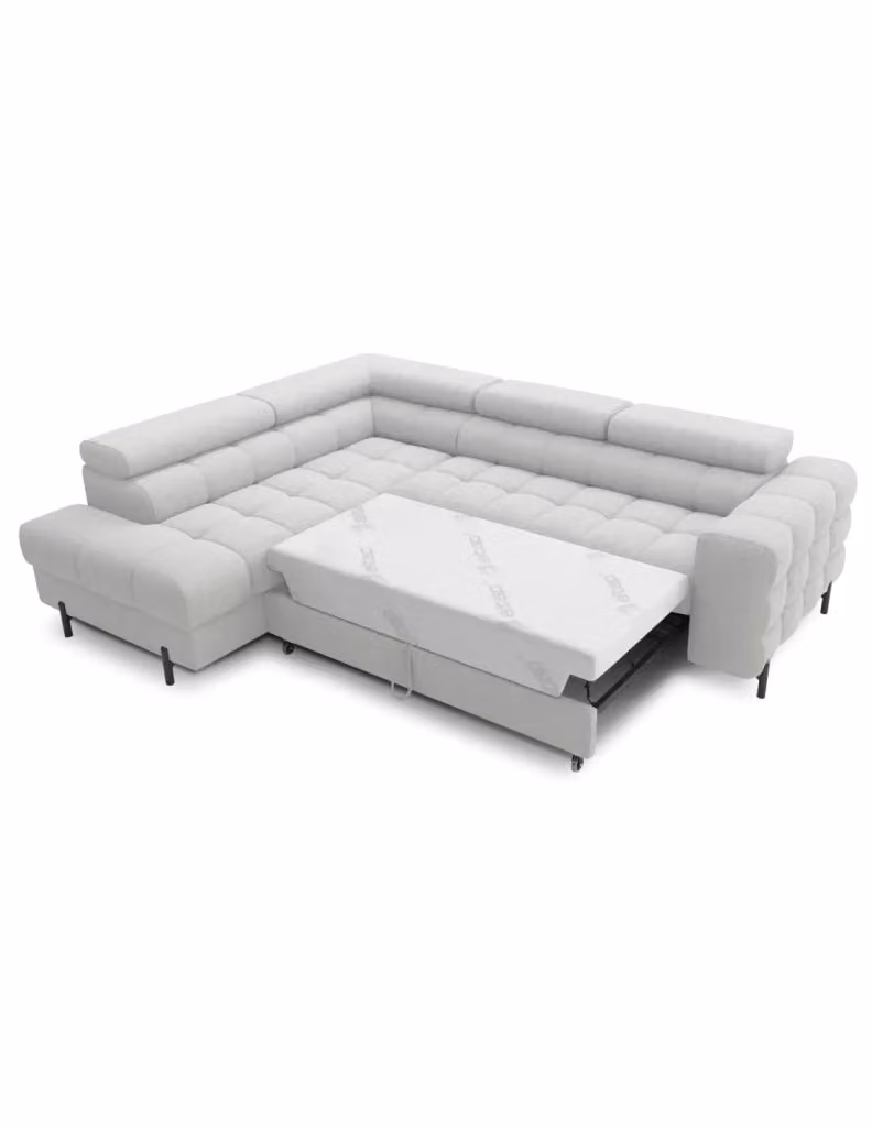 Divano letto angolare FERRUM MEUBLORAMA grigio chiaro con poggiatesta regolabile e funzione letto, lato sinistro, L 276 cm x P 93 cm x H 200 cm – 2