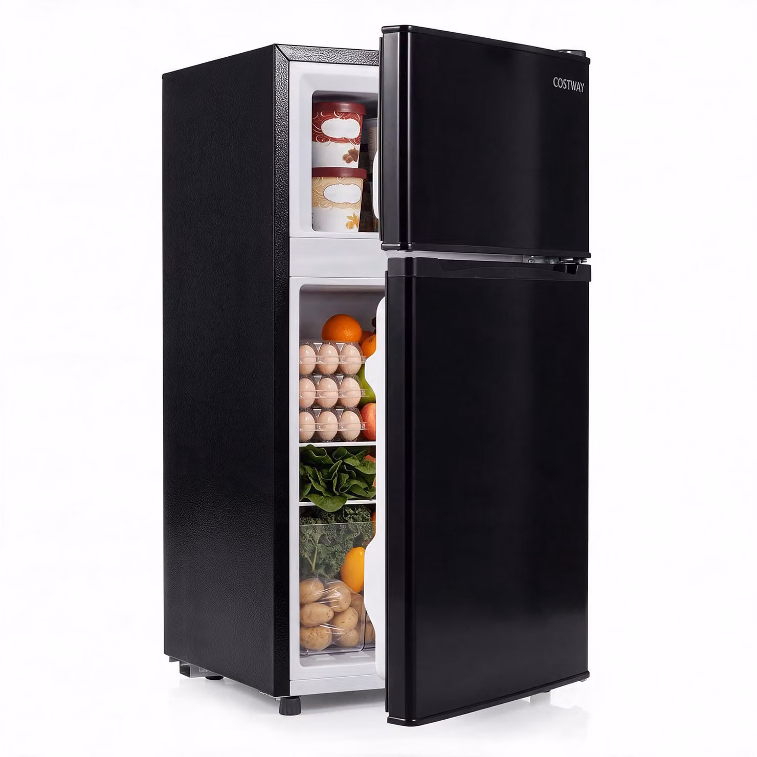 Costway Piccolo frigorifero combinato 100l 7 livelli di temperatura ripiani regolabili, Mini frigo doppia porta con congelatore per ufficio camera e bar Nero
