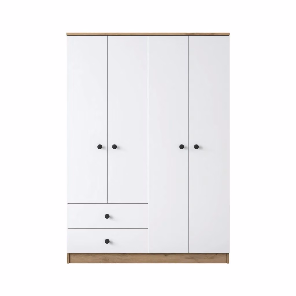 Armadio da camera da letto moderno DMORA con ante a battente e cassetti interni, finitura opaca, L: 120 cm, H: 170 cm, colore marrone e bianco – 2