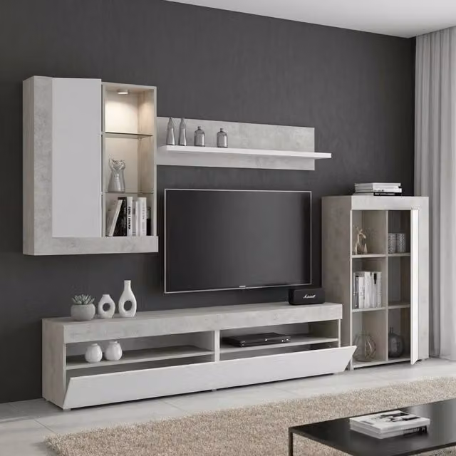 Parete attrezzata Aleu DMORA, set da soggiorno componibile moderno con illuminazione integrata, Bianco e Grigio, L: 265 cm, H: 180 cm, P: 42 cm