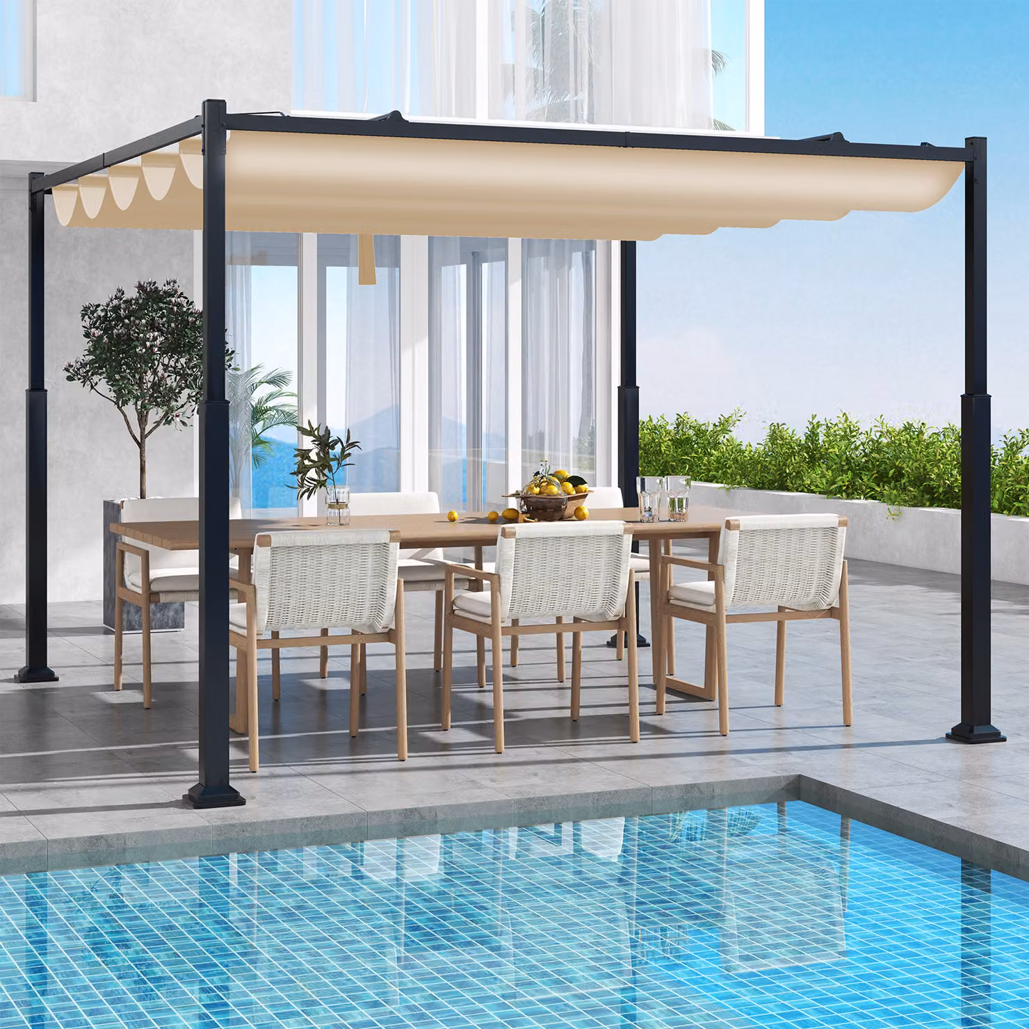 Pergola da esterno Costway con tettoia retrattile e colonne in metallo, Padiglione parasole Beige L: 310 cm x P: 310 cm