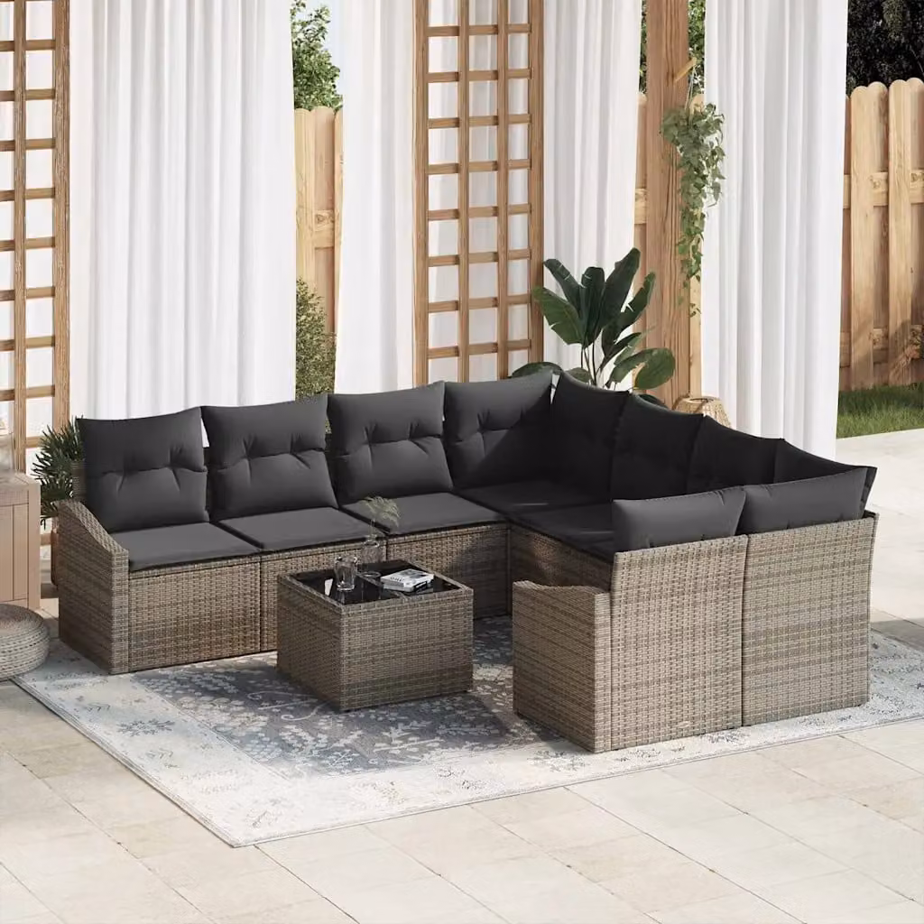 Set di divani da giardino vidaXL a forma di U in rattan grigio con cuscini e tavolino da caffè – 1