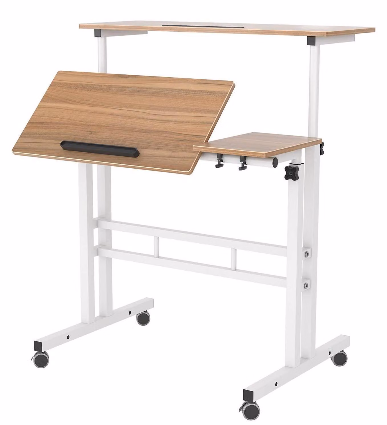 Scrivania regolabile in altezza per laptop, con rotelle, altezza da 67 a 115 cm, finitura noce, con tappetino per mouse integrato