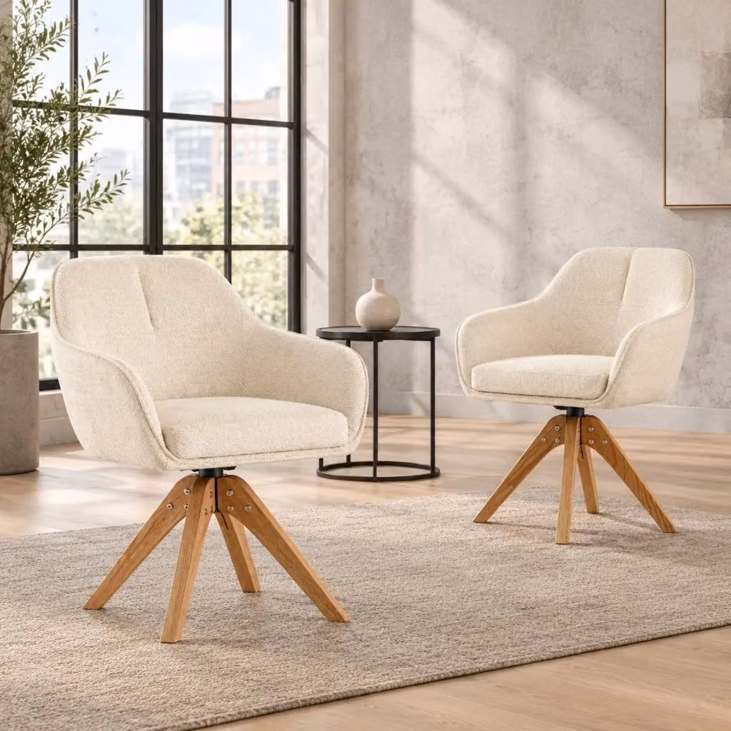 Set di 2 sedie da pranzo girevoli a 360 con braccioli in tessuto e gambe in legno di quercia rovere con schienale ergonomico moderno – 2